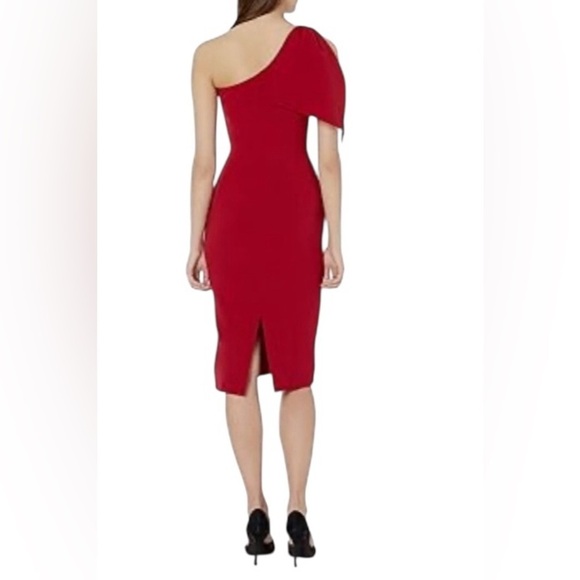 DRESS the POPULATION Tiffany One Shoulder Bow Cocktail Midi Size M Red Bodycon - Picture 3 of 12